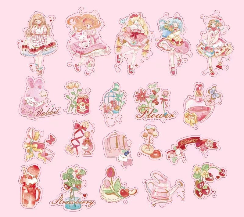 Ambilight Anime Girl Stickers - 40 Cute Set featuring adorable kawaii designs including anime girls, rabbits, flowers, strawberries, hearts, and sweet drinks. Perfect for decorating journals, planners, and scrapbooks.