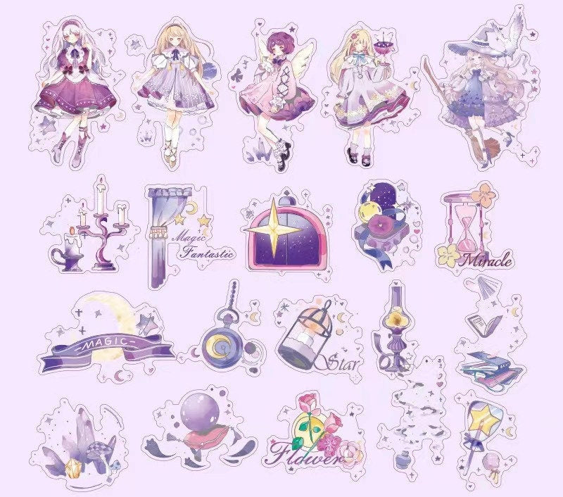 Ambilight Anime Girl Stickers - 40 Cute Set featuring kawaii style illustrations of anime girls, magical objects, and whimsical designs with stars, flowers, and pastel colors. Perfect for decorating planners, scrapbooks, and personalizing stationery.