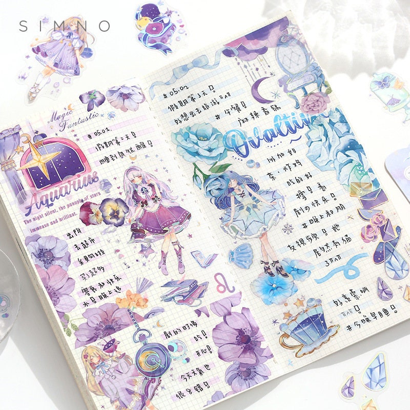 Ambilight Anime Girl Stickers - 40 Cute Set showcasing various colorful designs of kawaii anime girls, flowers, and zodiac-themed elements in a journal.