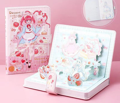 Dessert Girl Leather Journal with Bookmark and 3D Page featuring adorable kawaii illustrations and pastel colors, perfect for stationery enthusiasts.