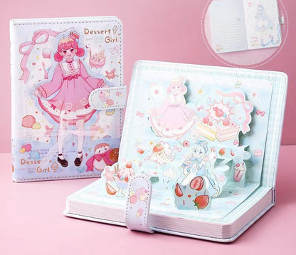 Dessert Girl Leather Journal with Bookmark and 3D Page featuring kawaii illustrations of a whimsical girl with dessert-themed designs, cute pastel colors, and a secure strap closure.