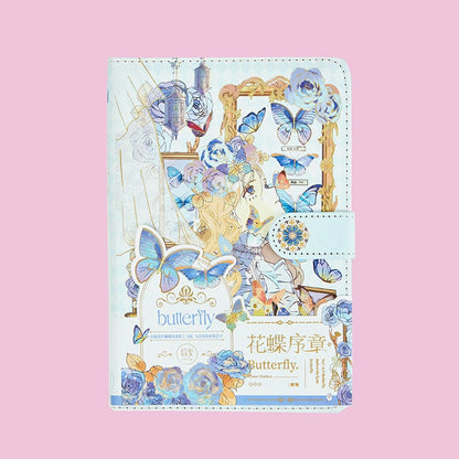 Butterfly Elf 3D Page Leather Journal with Magnetic Buckle, features intricate butterfly and floral designs on a pastel cover, perfect for kawaii stationery lovers.