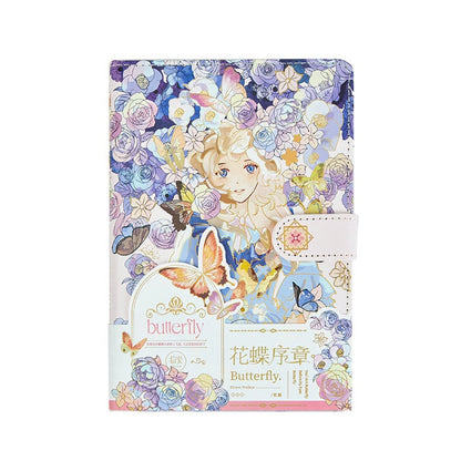 Butterfly Elf 3D Page Leather Journal with Magnetic Buckle featuring an intricate design of a blonde elf surrounded by colorful butterflies and flowers in a whimsical, kawaii style.