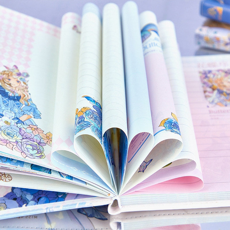 Butterfly Elf 3D Page Leather Journal with Magnetic Buckle, showcasing elegant butterfly and elf illustrations on pastel-colored pages, perfect for kawaii stationery enthusiasts.