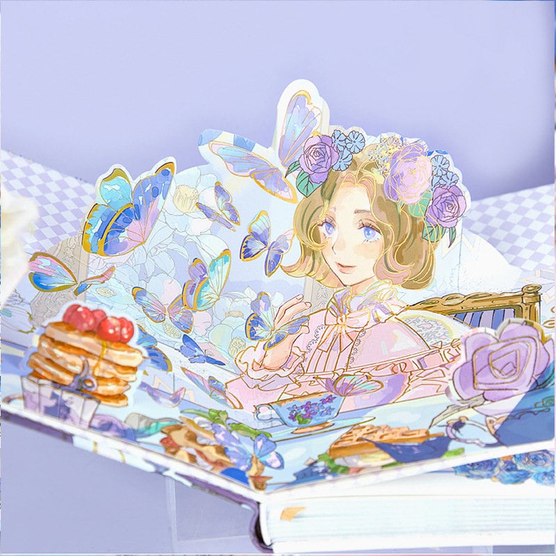 Butterfly Elf 3D Page Leather Journal with Magnetic Buckle - Kawaii Style Stationery Featuring Illustrations of an Elf, Butterflies, Pancakes, and Flowers