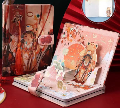 Pink Lotus Hardcover Journal with Metal Bookmark, featuring intricate kawaii-style illustrations, pop-up art, and a decorative orange tassel.