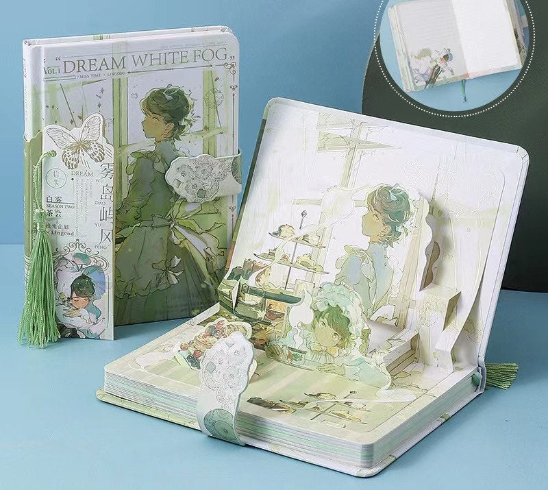 Dream White Magnetic Buckle Notebook - 3D Pages A5 featuring intricate 3D pop-up illustrations, elegant magnetic buckle, and a soothing pastel green tassel.