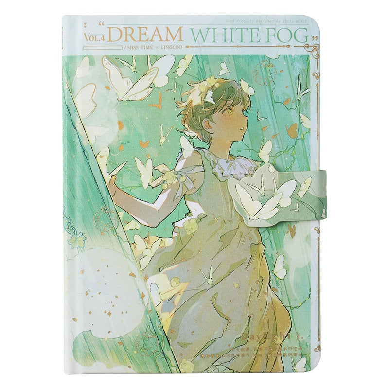 Dream White Magnetic Buckle Notebook - 3D Pages A5 featuring a whimsical cover illustration of a young person surrounded by butterflies on a light teal background.