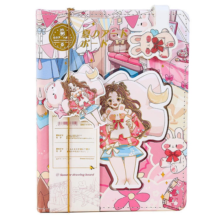 Kawaii Summer Life Leather Journal with Bookmark featuring vibrant illustrations of a girl and cute animals in a colorful, playful design.