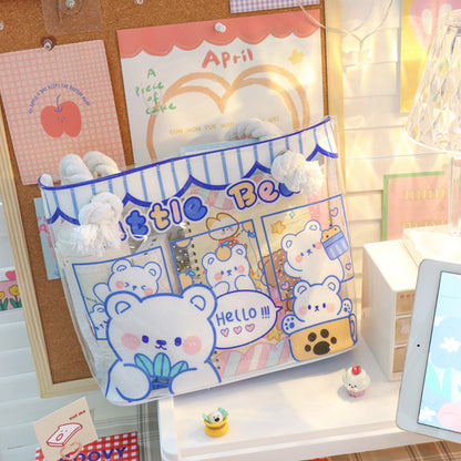 Clear vinyl tote bag with cute animal design, featuring adorable cartoon bears and playful "hello" text, perfect for kawaii stationery storage.