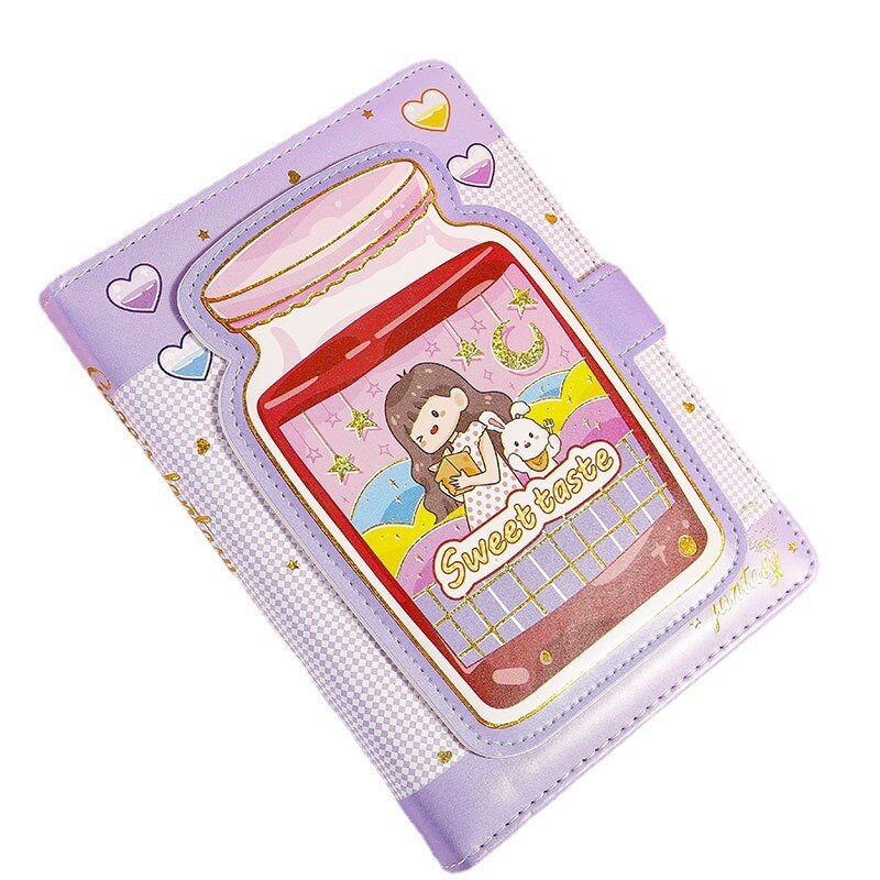 Dreamy Girl Leather Journal with Magnetic Buckle featuring cute kawaii design of a girl and dog in front of a jar, adorned with hearts and stars, "Sweet Taste" text, and lavender cover perfect for stationery lovers.