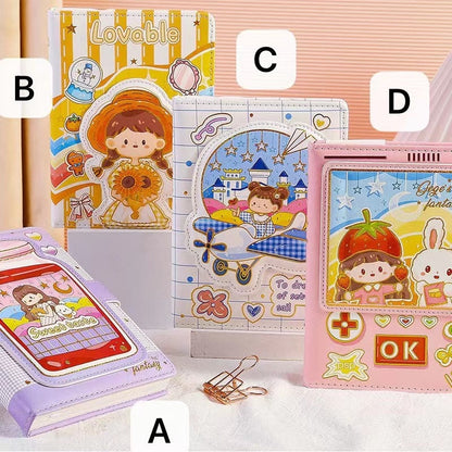 Dreamy Girl Leather Journal with Magnetic Buckle in pastel colors featuring cute kawaii characters, small paper clips in the foreground, arranged with three additional leather journals with different designs marked as A, B, C, and D.