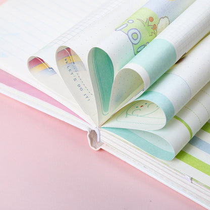 Peach leather notebook with cute and colorful interior pages folded in heart shapes, featuring a magnetic buckle and bookmark.