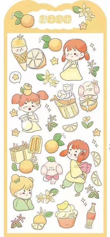 Kawaii Gold Foil Jelly Stickers featuring cute illustrations of girls with orange hair, fruits, ice cream, drinks, flowers, and stars. Perfect for craft and DIY projects.