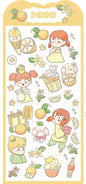 Kawaii Gold Foil Jelly Stickers featuring cute illustrations of girls with orange hair, fruits, ice cream, drinks, flowers, and stars. Perfect for craft and DIY projects.