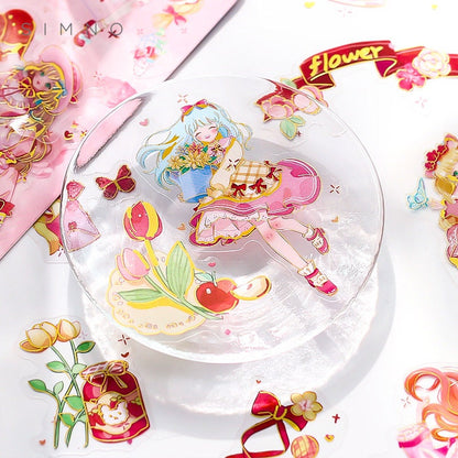 Kawaii Ambilight anime girl stickers set, featuring 40 cute designs including flowers, ribbons, and adorable characters. Perfect for decorating journals, scrapbooks, and planners.