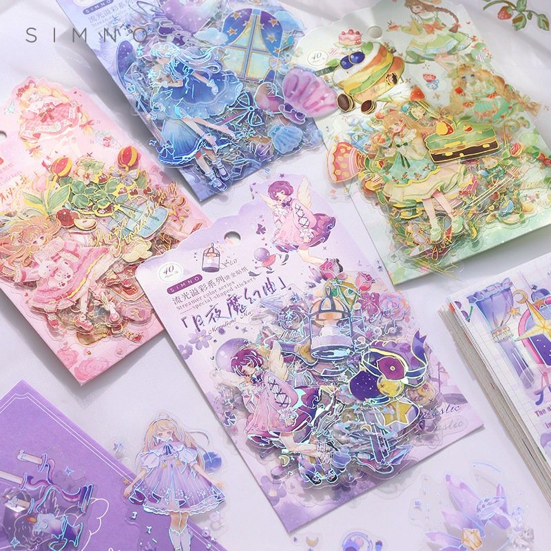 Ambilight Anime Girl Stickers - 40 Cute Set featuring colorful, holographic kawaii designs of anime girls and whimsical elements with intricate details ideal for decorating planners, scrapbooks, and crafts.