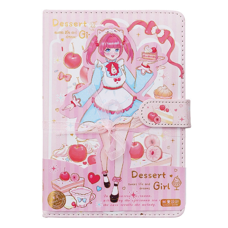 Dessert Girl Leather Journal with Bookmark and 3D Page featuring kawaii dessert girl illustration, pink color scheme, and decorative sweets design.