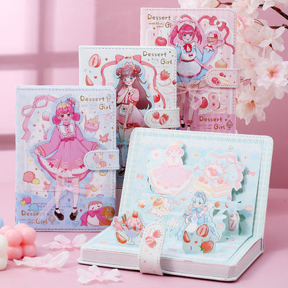 Dessert Girl Leather Journal with Bookmark and 3D Page, featuring kawaii dessert-themed illustrations of girls in pastel outfits, cute design elements, and intricate 3D pop-up pages.