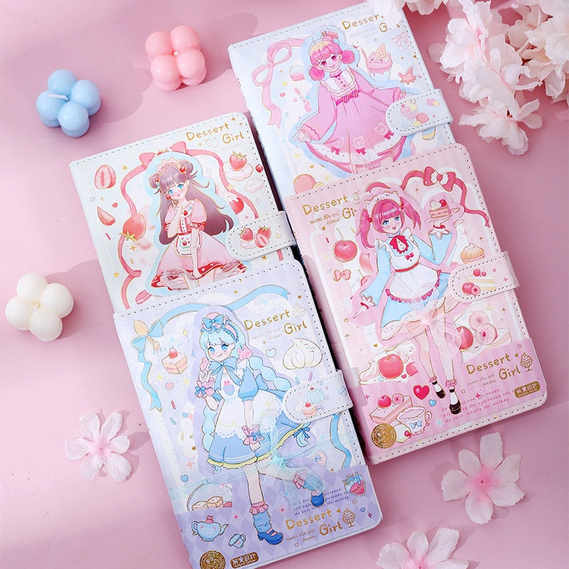 Dessert Girl Leather Journal with Bookmark and 3D Page in kawaii pastel colors featuring cute dessert-themed illustrations, set on a pink background with cherry blossom accents.