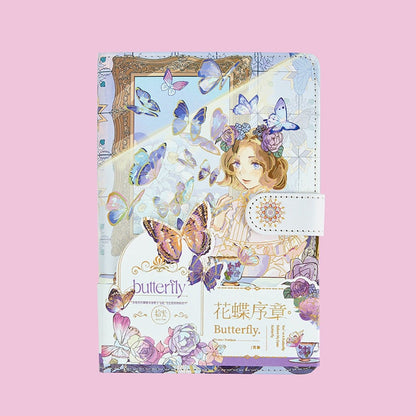 Butterfly Elf 3D Page Leather Journal with magnetic buckle, featuring an illustrated elf with flowers and butterflies on the cover.