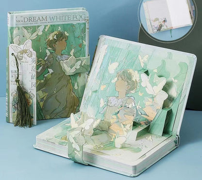 Dream White Magnetic Buckle Notebook with 3D Pages, A5 size, featuring an intricate design of a dreamy landscape and butterflies on the cover.