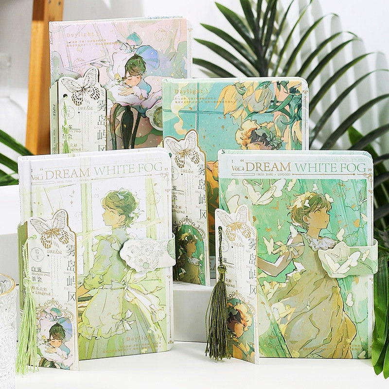 Dream White Magnetic Buckle Notebook in 3D Pages A5 features elegant illustrations of characters in whimsical settings with lush greenery background; perfect for cute, kawaii stationary lovers.