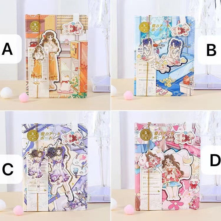 Summer Life Leather Journal with Bookmark featuring four cute designs: A) Orange and brown-themed with girl and cat, B) Blue-themed poolside scene with girl, C) Purple and white-themed with girl holding flowers, D) Pink-themed with girl and bunny.