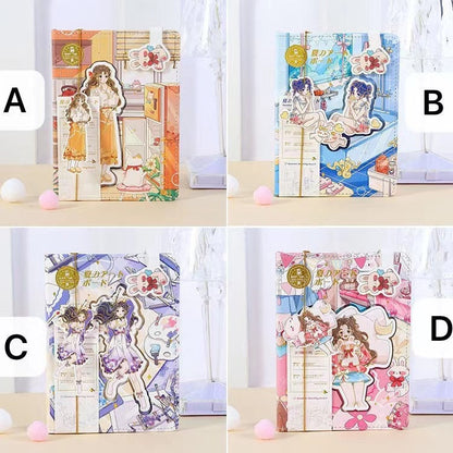 Summer Life Leather Journal with Bookmark in four kawaii designs, labeled A through D. Options A and C feature different anime-style girls in orange and purple outfits respectively, with pink and white pom-pom accents. Options B and D display another set of anime-style girls, in summer-themed swimwear and casual outfits, against blue and pink backgrounds. All designs include playful elements such as cartoon drawings and cute charms.