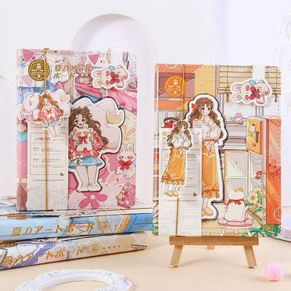 Summer Life Leather Journal with Bookmark featuring a cute girl character in kawaii style, vibrant colors, and adorable graphics, perfect for stationery lovers and journaling enthusiasts.