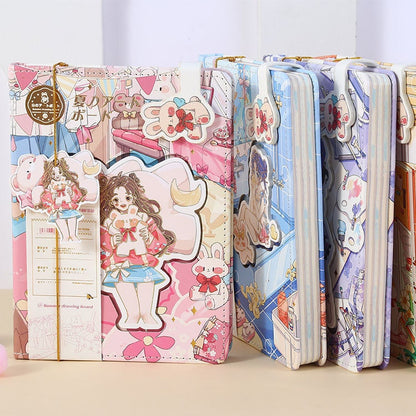 Summer Life Leather Journal with Bookmark in kawaii style featuring cute girl illustrations and pastel colors - pink, blue, and purple options shown.