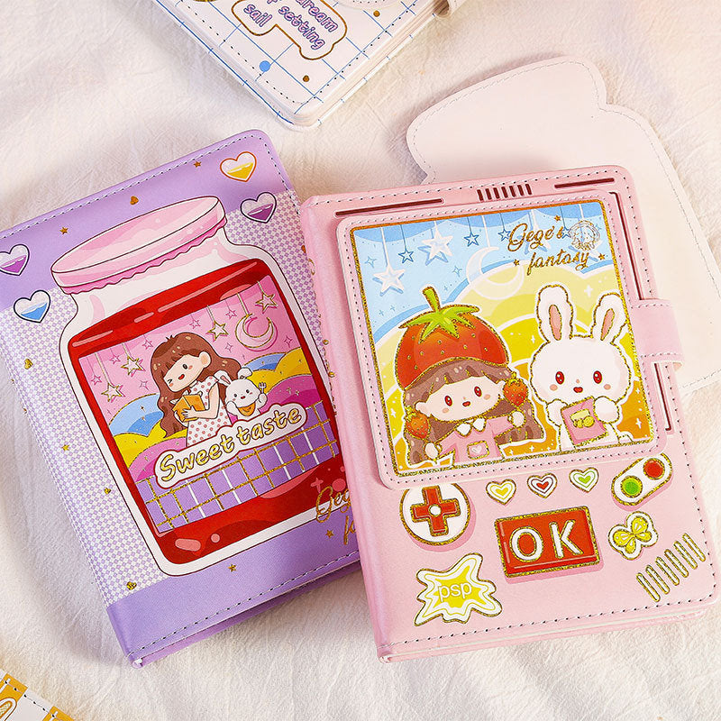 Dreamy Girl Leather Journal with Magnetic Buckle in kawaii style, featuring cute cartoon designs and vibrant colors, perfect for note-taking and journaling.