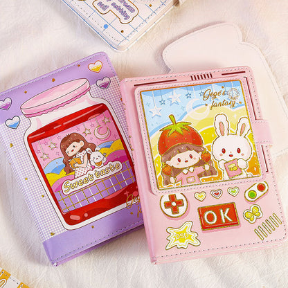 Dreamy Girl Leather Journal with Magnetic Buckle in kawaii style, featuring cute cartoon designs and vibrant colors, perfect for note-taking and journaling.