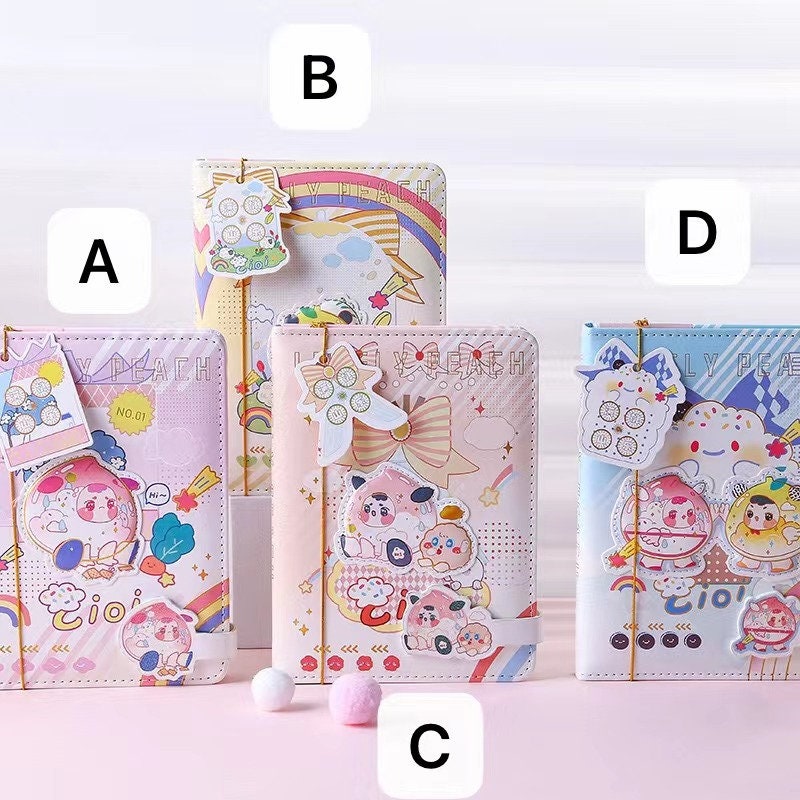 Peach Leather Notebook with Bookmark - Magnetic Buckle featuring cute kawaii-style Peach themed designs in multiple color variations labeled A, B, C, and D.