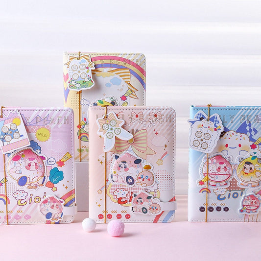 Peach leather notebook with magnetic buckle and bookmark, featuring kawaii cartoon design in pastel colors.