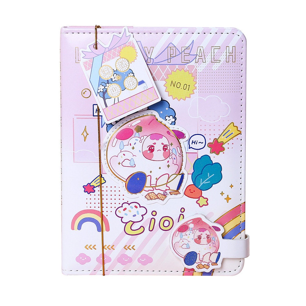 Peach leather notebook with bookmark and magnetic buckle, featuring cute kawaii design with pastel colors, cartoon bear, rainbows, and stars.