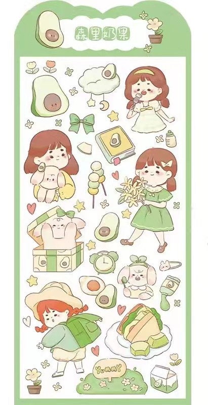 Kawaii Gold Foil Jelly Stickers featuring cute illustrations of little girls, avocados, bunnies, flowers, and stars for craft and DIY projects.