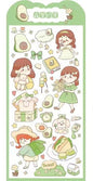 Kawaii Gold Foil Jelly Stickers featuring cute illustrations of little girls, avocados, bunnies, flowers, and stars for craft and DIY projects.