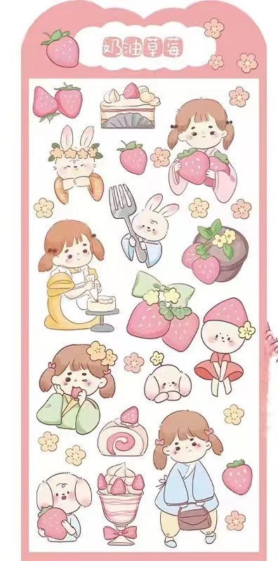 Kawaii gold foil jelly stickers featuring cute designs of girls, bunnies, strawberries, and flowers perfect for crafts and DIY projects.