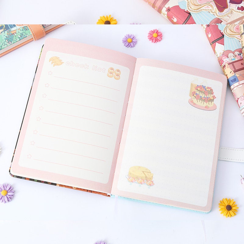 Magnetic Buckle Flower House Leather Journal open, showing cute pink pages with checklist and dotted notes sections, decorated with floral and dessert illustrations.