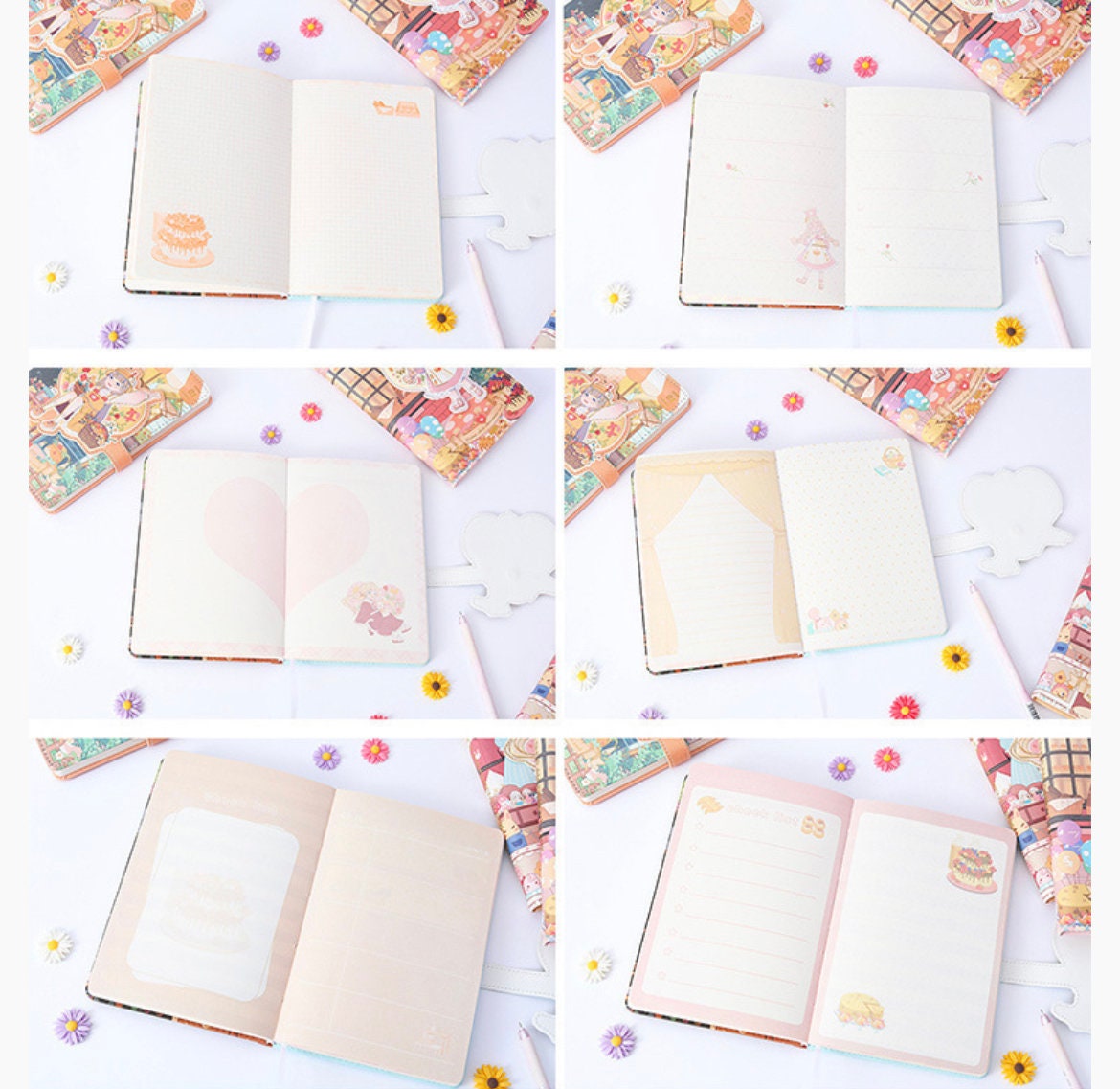 Magnetic Buckle Flower House Leather Journal open to different cute and colorful page designs with cartoon illustrations, surrounded by flowers and stationary on a white background.