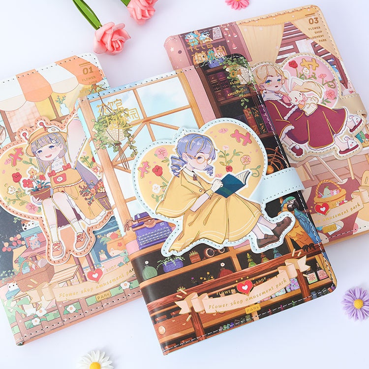 Magnetic Buckle Flower House Leather Journal with Kawaii Designs and Illustrations