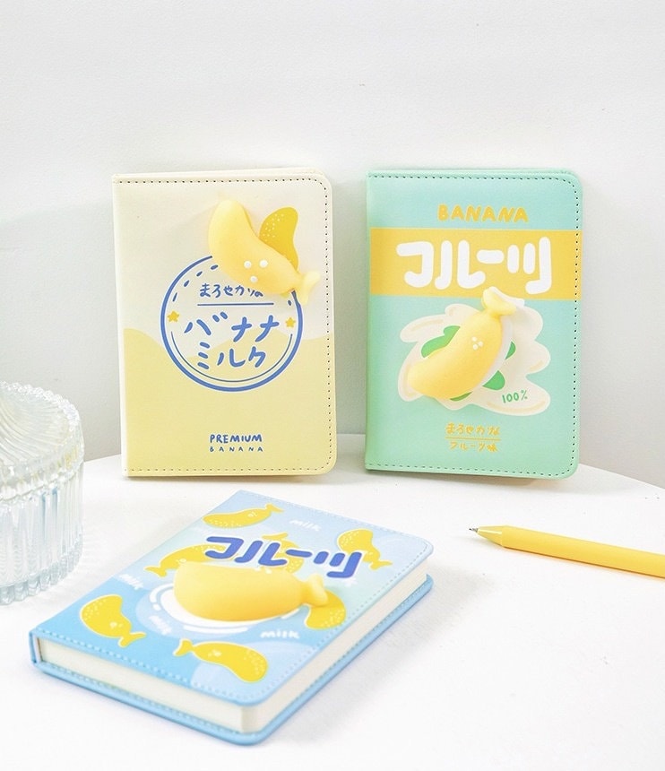 Banana Soft Leather Journal - DIY Planner in kawaii style available in pastel colors with banana-themed cover designs, featuring 3D banana decoration.