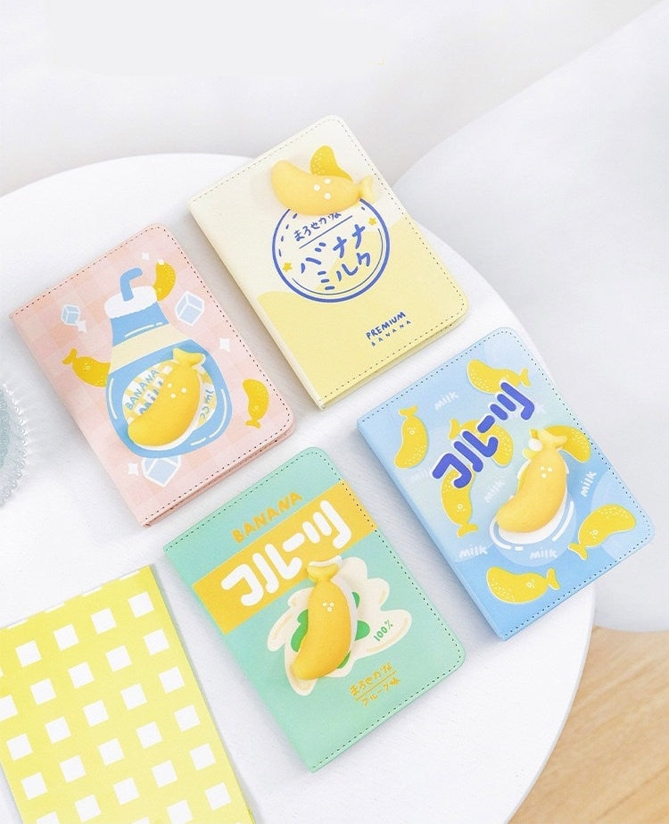 Banana Soft Leather Journal - DIY Planner in Kawaii Style with Cute Banana Designs in Yellow, Pink, Green, and Blue Covers.