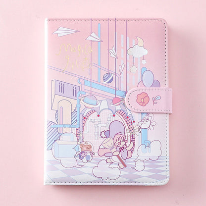 Kawaii Anime Leather Planner - Magic Girl Design featuring pastel pink cover with cute anime character illustrations and whimsical doodles, perfect for organizing and planning in style.