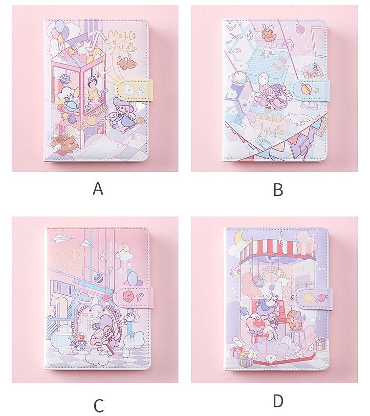 Kawaii Anime Leather Planner - Magic Girl Design in four styles labeled A, B, C, and D, featuring pastel-colored illustrations of magical girl themes including cute characters, balloons, and whimsical backgrounds.