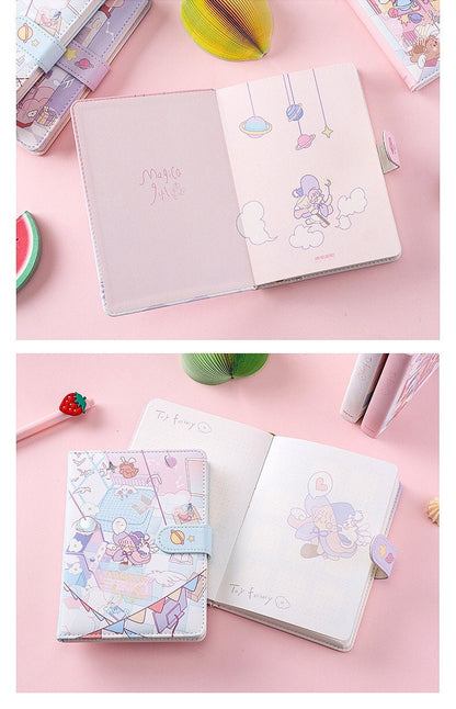 Kawaii Anime Leather Planner - Magic Girl Design featuring pastel-colored magical girl illustrations on a pink background, with cute planets, clouds, and characters inside.