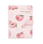 Peach leather planner in pink A5 size with magnetic closure, 228 pages. Features cute peach designs and "Paradise of peaches" text on the cover. Ideal for kawaii stationery lovers.