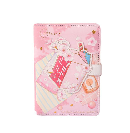 Pink Dessert Leather Journal with Magnetic Buckle featuring kawaii cherry blossom illustrations and cute dessert-themed designs.