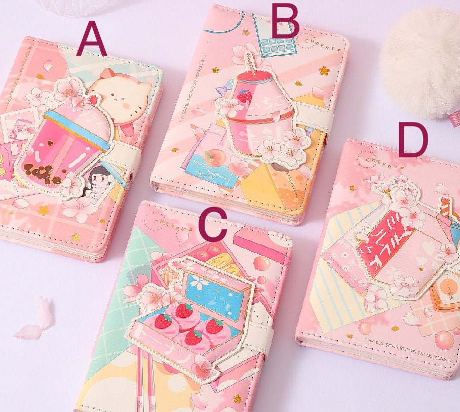 Pink Dessert Leather Journal with Magnetic Buckle, available in 4 designs, showcasing sweet treats and pastel colors in kawaii style.